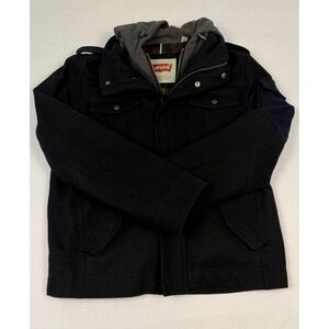 Levi's Mens Wool Blend Field Jacket Black Grey Hooded Military Coat Large Camo
